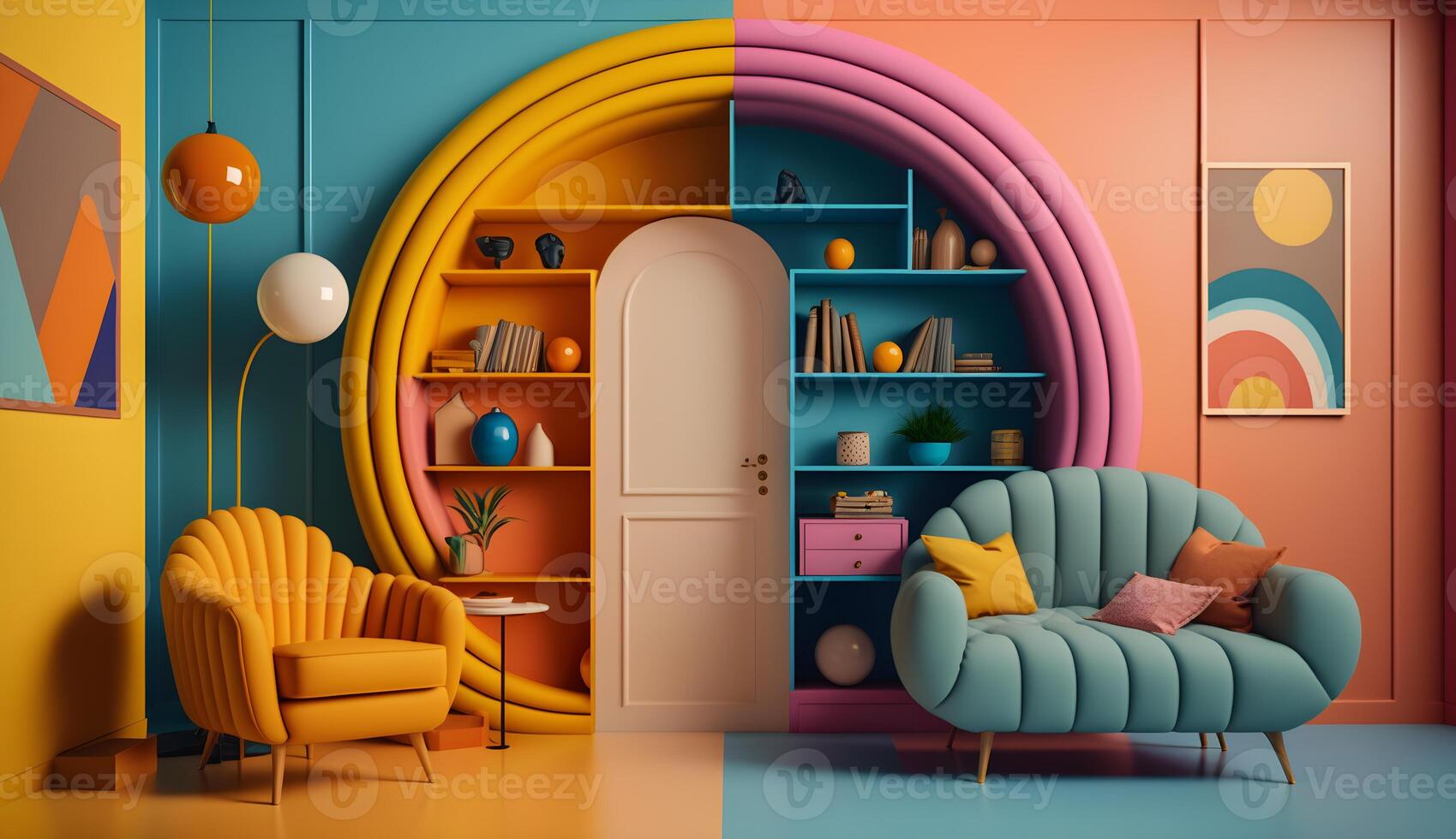 aesthetic interior room colorful,retro futuristic colorful studio , photo