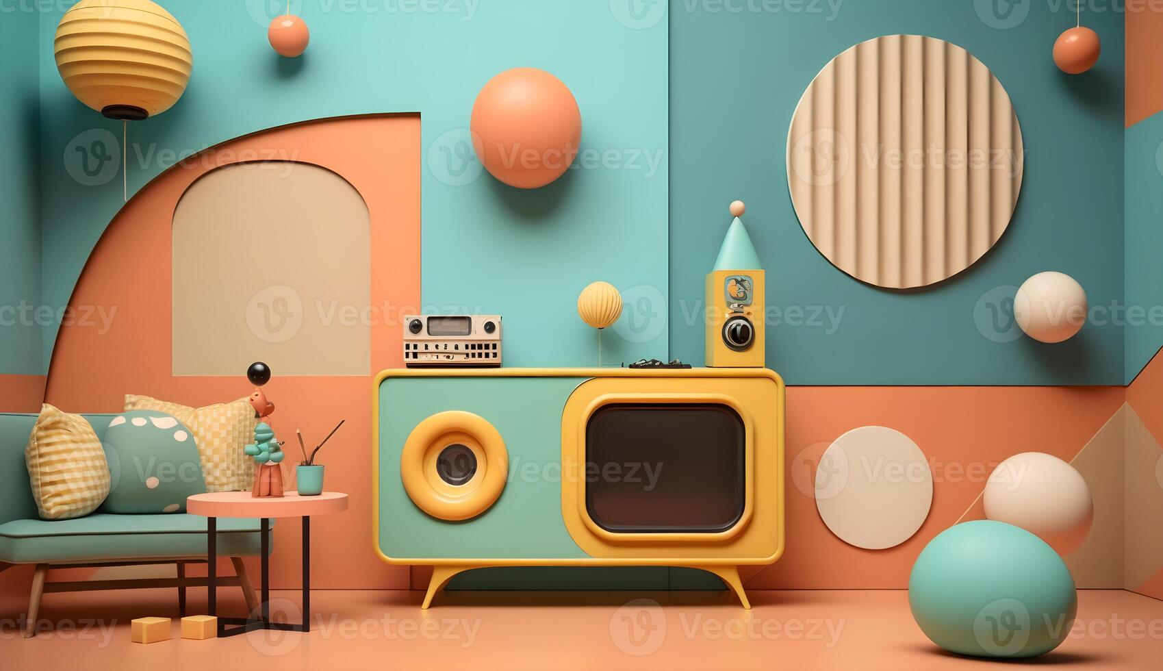 aesthetic interior room colorful,retro futuristic colorful studio , photo