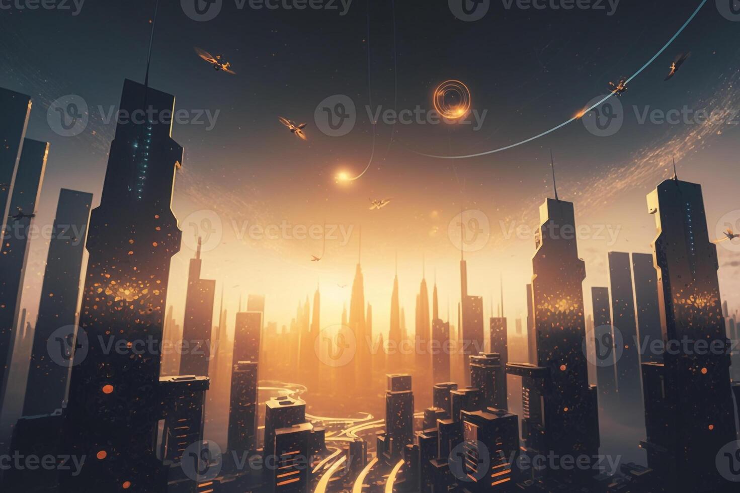 Illustration of the Smart City Connection technology concept, showcasing interconnected devices and systems. photo