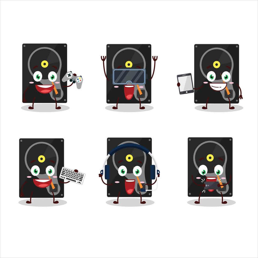 Hardisk cartoon character are playing games with various cute emoticons vector