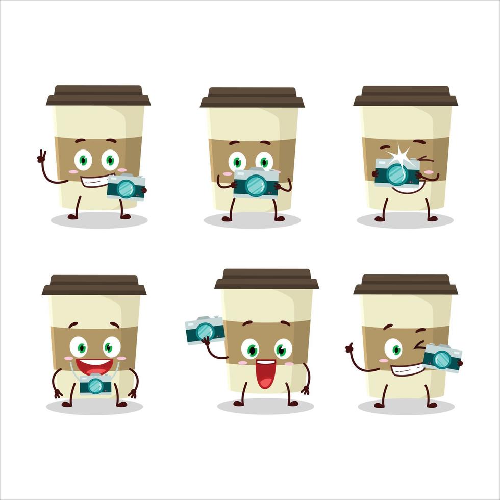 Photographer profession emoticon with coffee cup cartoon character vector