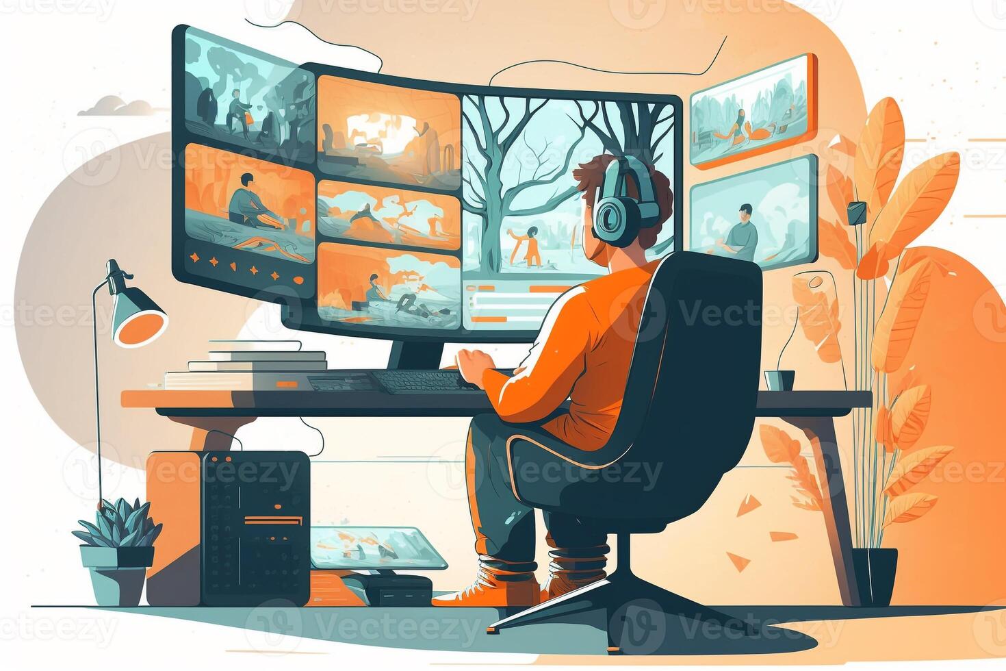 Illustration of a person using the internet for entertainment, with a variety of streaming options and recommendations displayed on the screen. photo