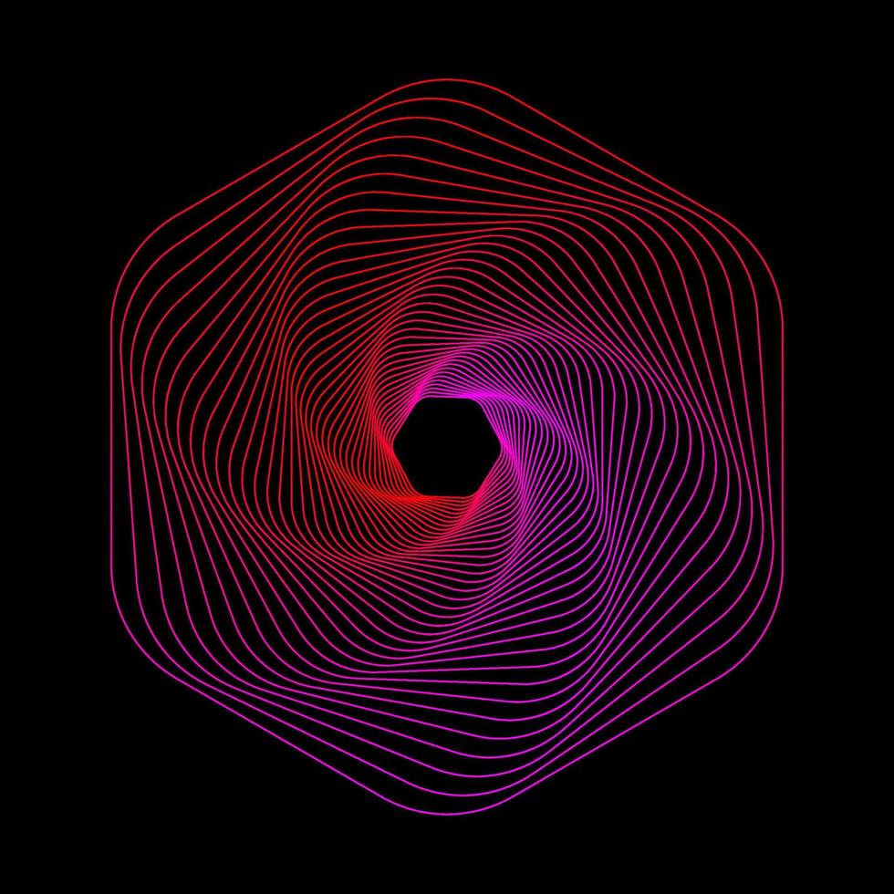 Pink and red gradient geometric hexagon line art logo vector. Hexagonal spirograph wireframe with neon light effect. Abstract technology spiral tunnel. vector