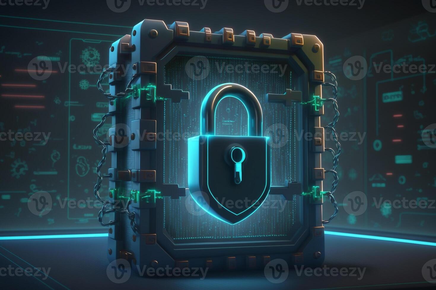 Illustration of a digital screen displaying a lock icon and an unbreakable chain, symbolizing the strength and durability of the security measures. photo