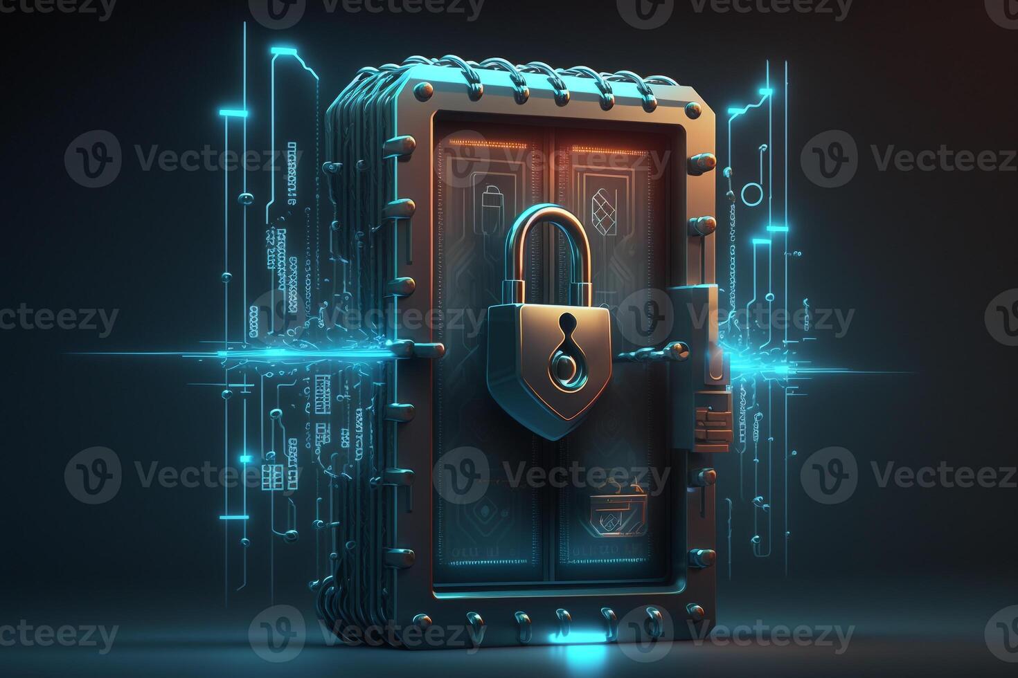 Illustration of a digital screen displaying a lock icon and an unbreakable chain, symbolizing the strength and durability of the security measures. photo