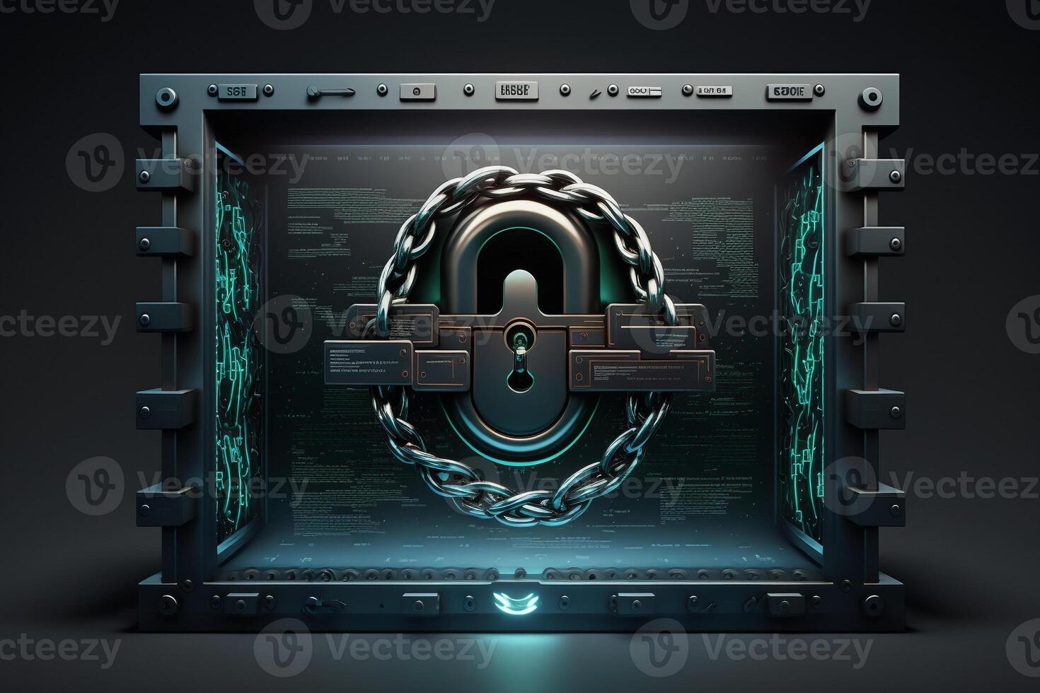 Illustration of a digital screen displaying a lock icon and an unbreakable chain, symbolizing the strength and durability of the security measures. photo