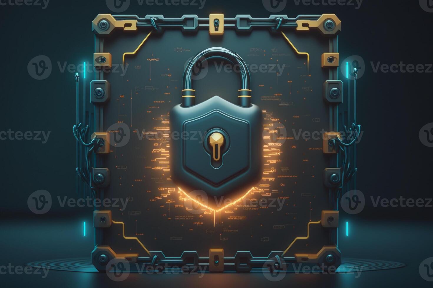 Illustration of a digital screen displaying a lock icon and an unbreakable chain, symbolizing the strength and durability of the security measures. photo