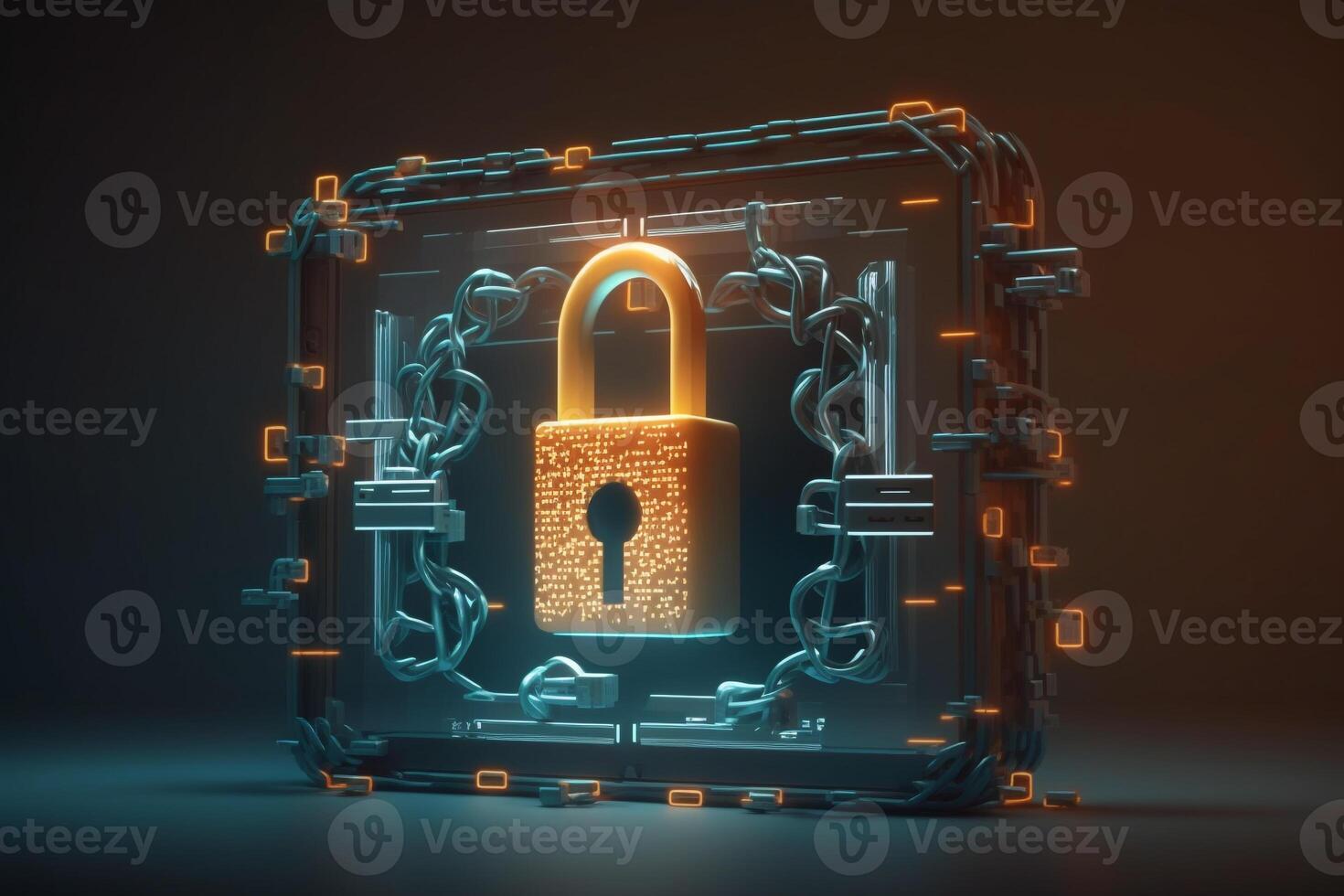 Illustration of a digital screen displaying a lock icon and an unbreakable chain, symbolizing the strength and durability of the security measures. photo