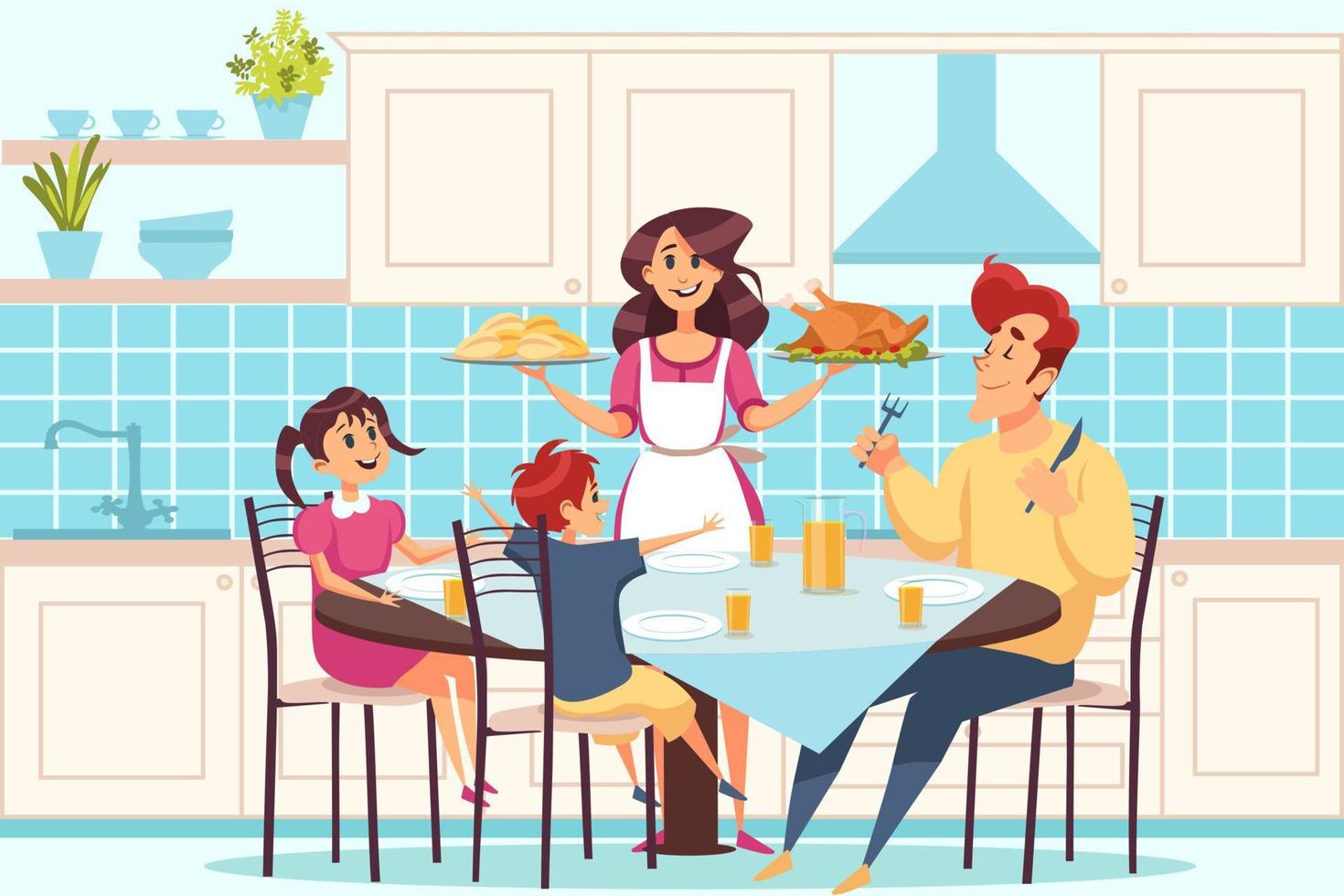 familia con niños sentado a comida mesa, personas teniendo cena juntos concepto vector