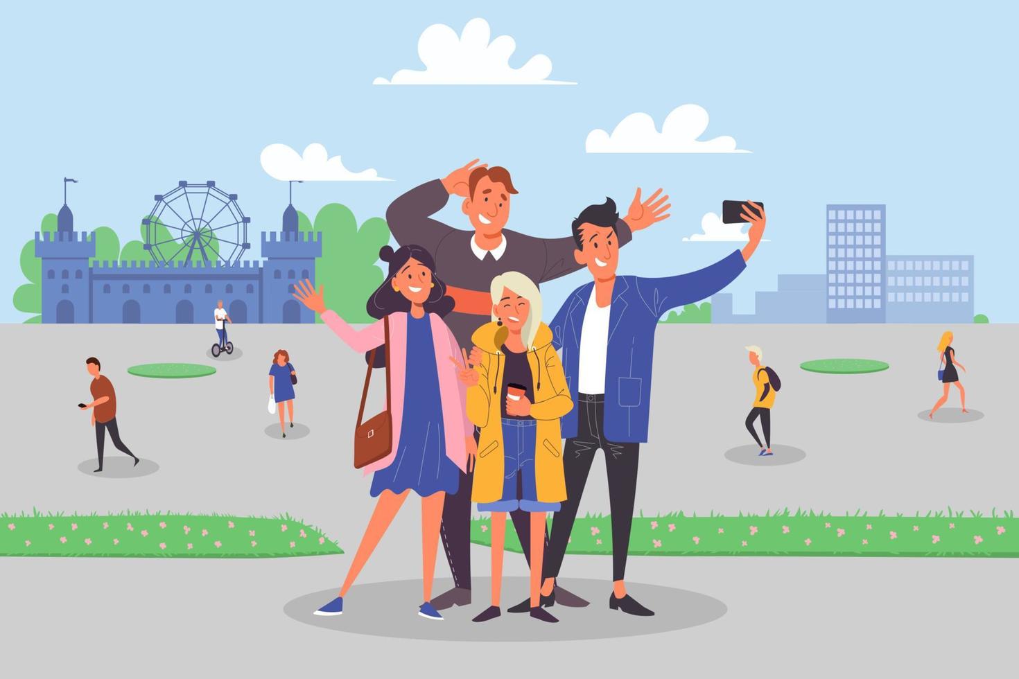 Company of friends, man and woman smiling for photo, tourists with camera concept vector
