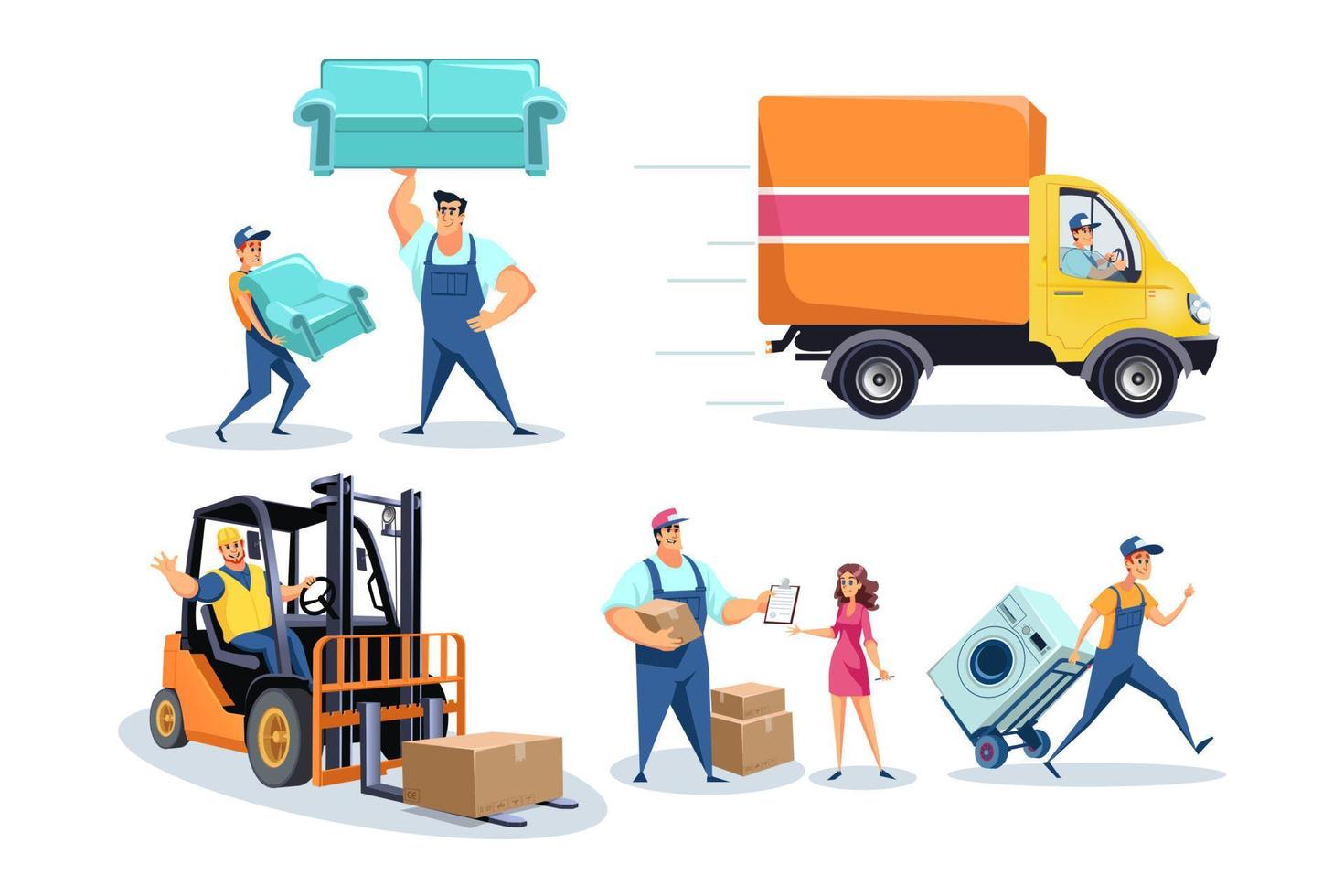 Moving house, furniture delivery workers, people relocating stuff concept vector