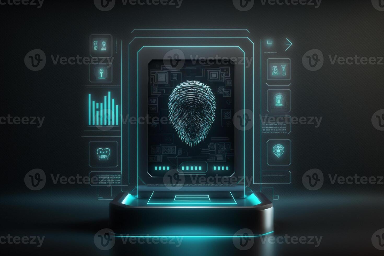 a digital screen with a fingerprint scanner, indicating biometric security measures to access the system. photo
