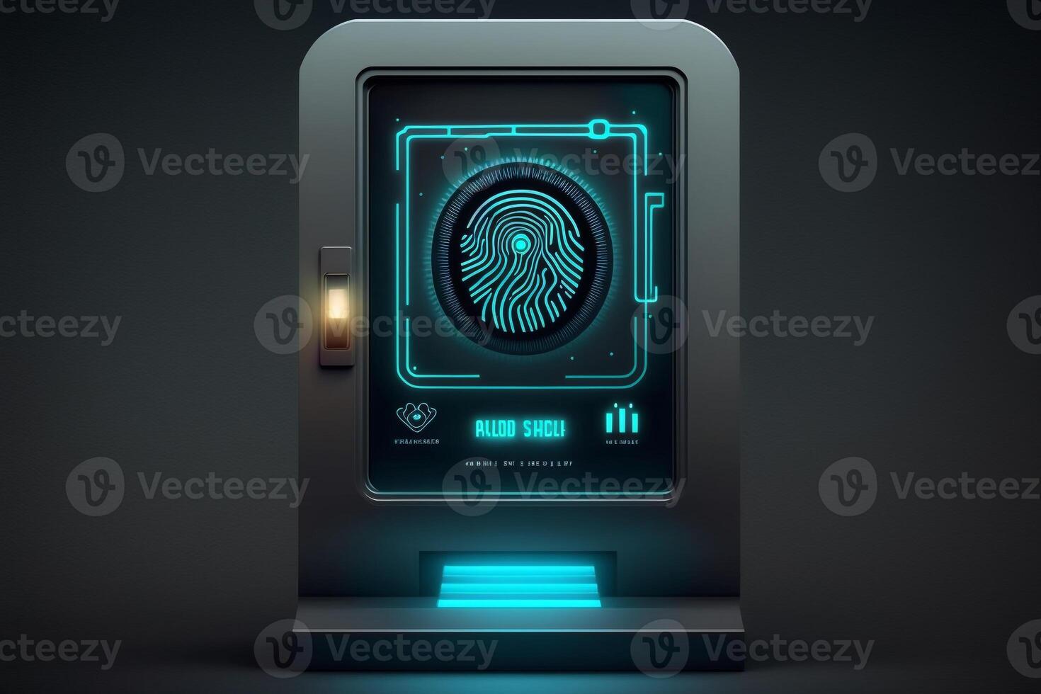 a digital screen with a fingerprint scanner, indicating biometric security measures to access the system. photo