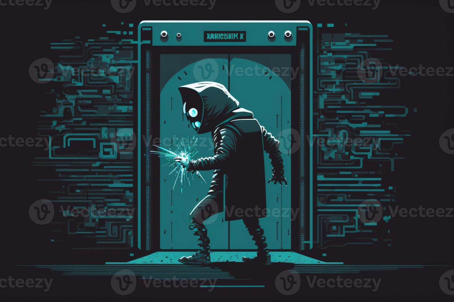 Illustration of a hacker attempting to break into a digital system with a lock icon on the screen, and a warning message appearing as the system detects the breach. photo