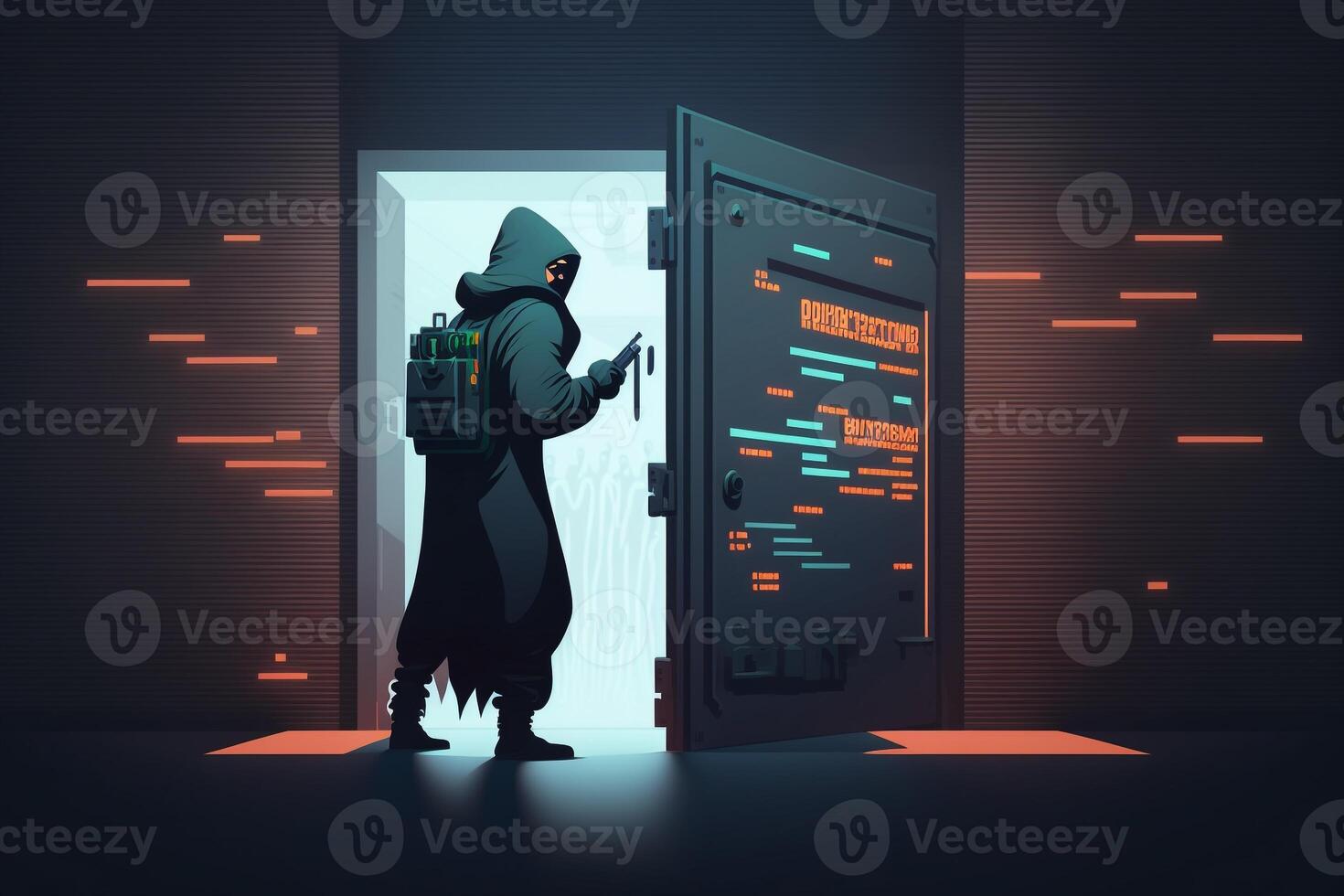 Illustration of a hacker attempting to break into a digital system with a lock icon on the screen, and a warning message appearing as the system detects the breach. photo