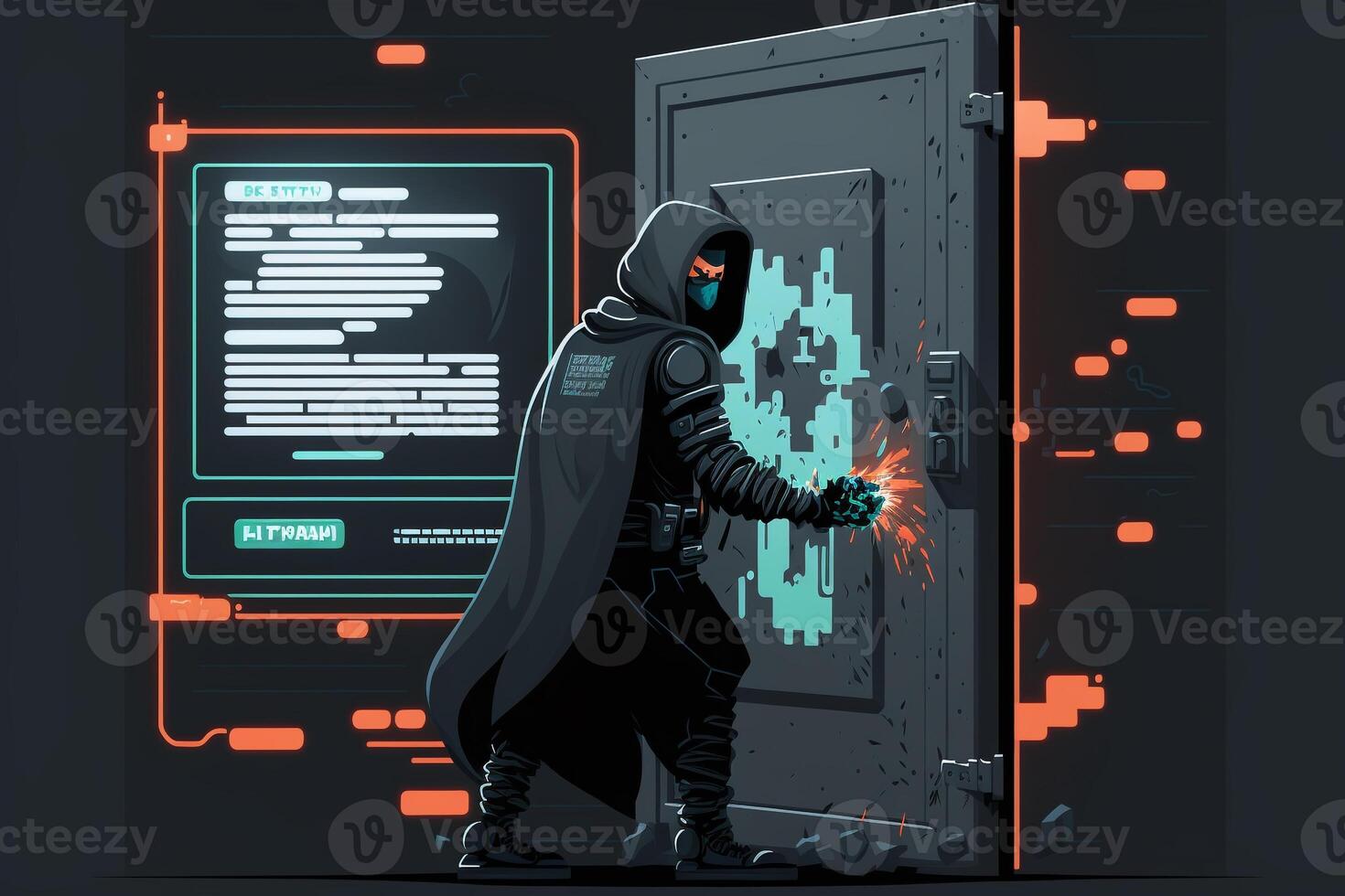 Illustration of a hacker attempting to break into a digital system with a lock icon on the screen, and a warning message appearing as the system detects the breach. photo