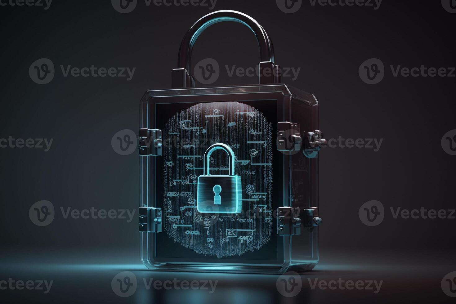 Illustration of a padlock on a digital screen, symbolizing secure and encrypted data. photo