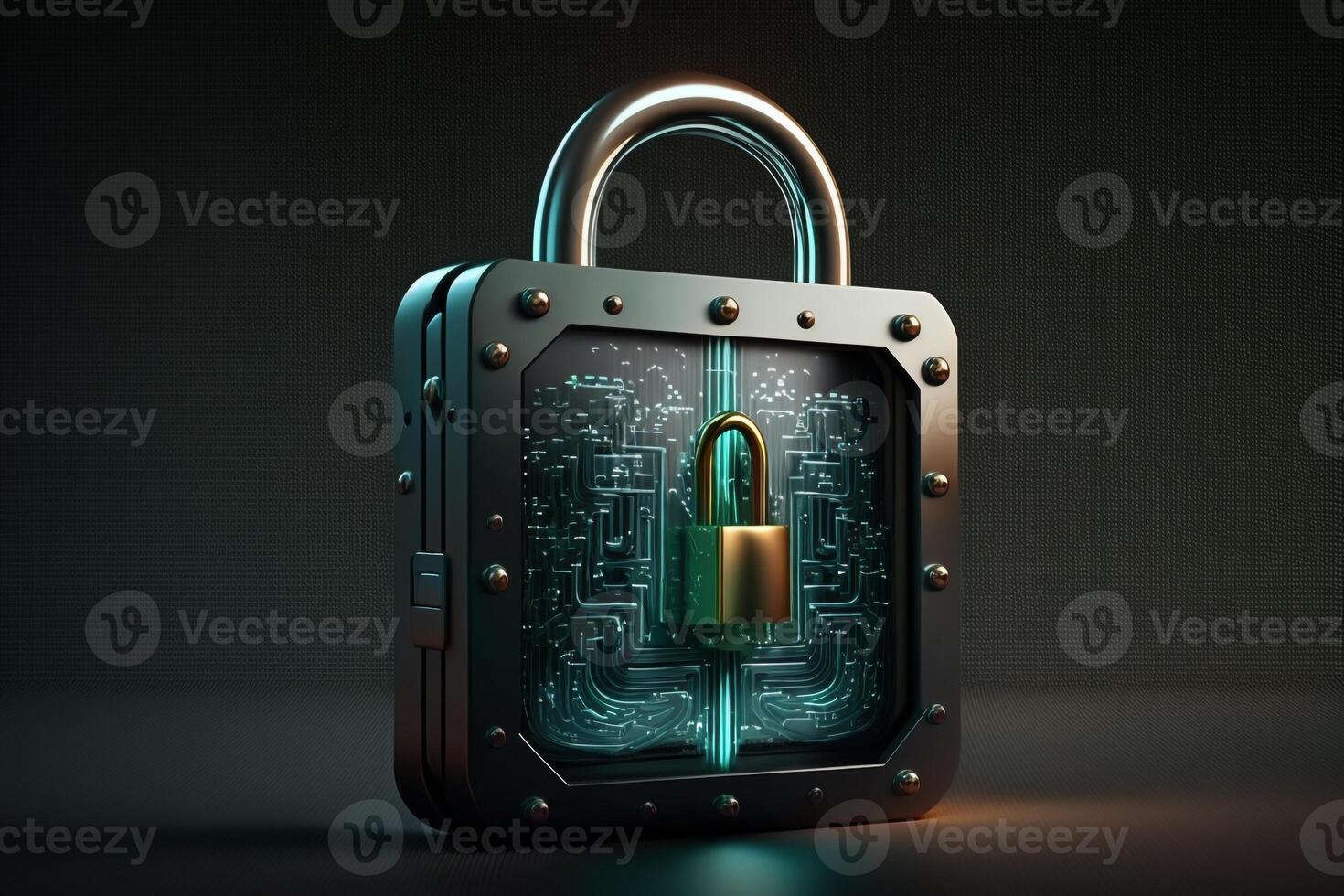 Illustration of a padlock on a digital screen, symbolizing secure and encrypted data. photo