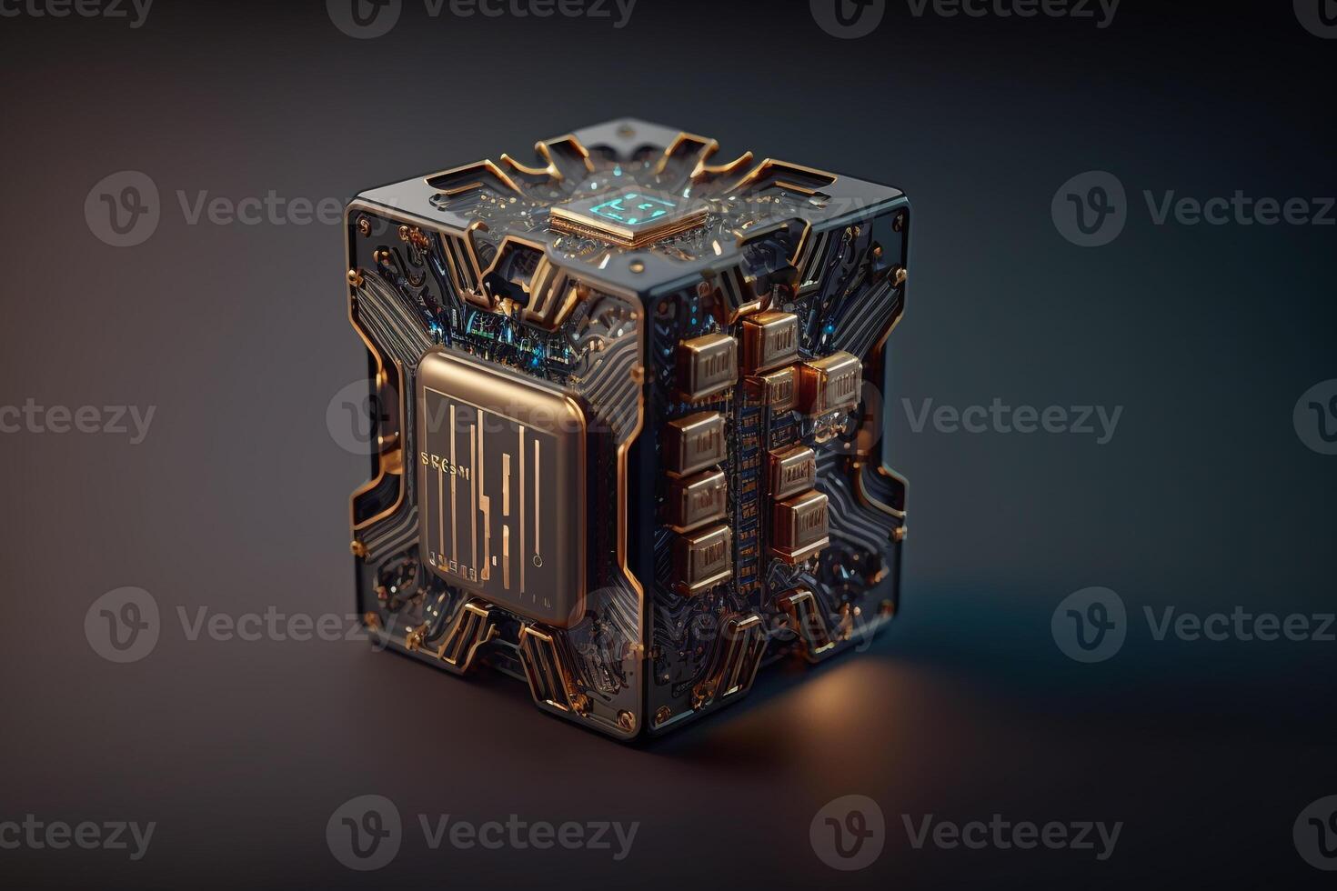 Illustration of a microchip with intricate circuitry and futuristic designs on its surface. photo