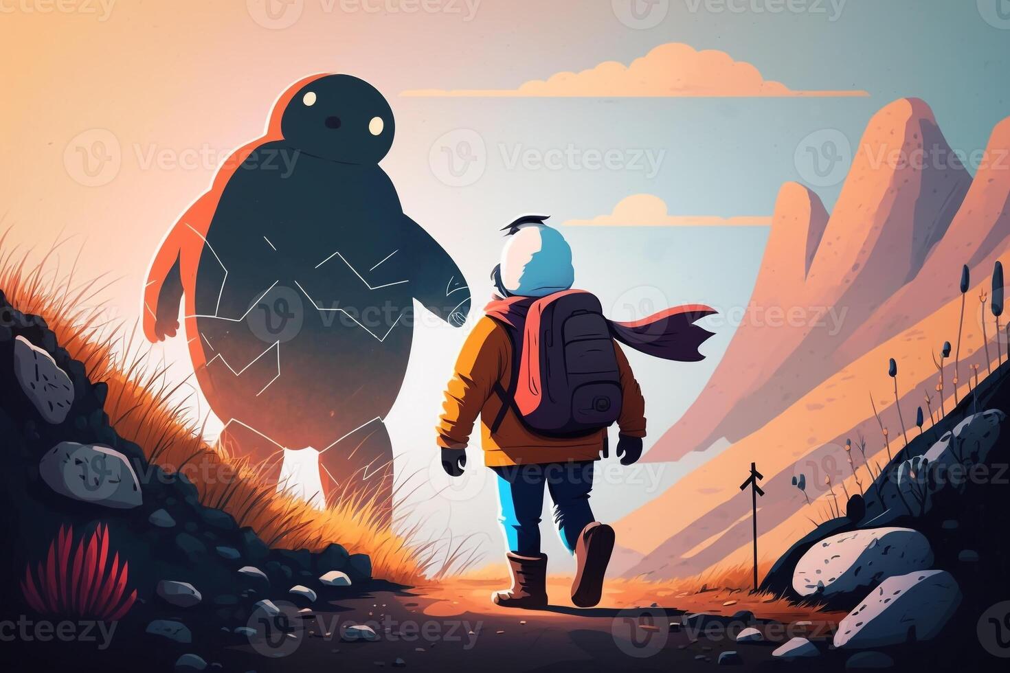 illustration of a person meeting their favorite cartoon character and going on an epic adventure with them. photo