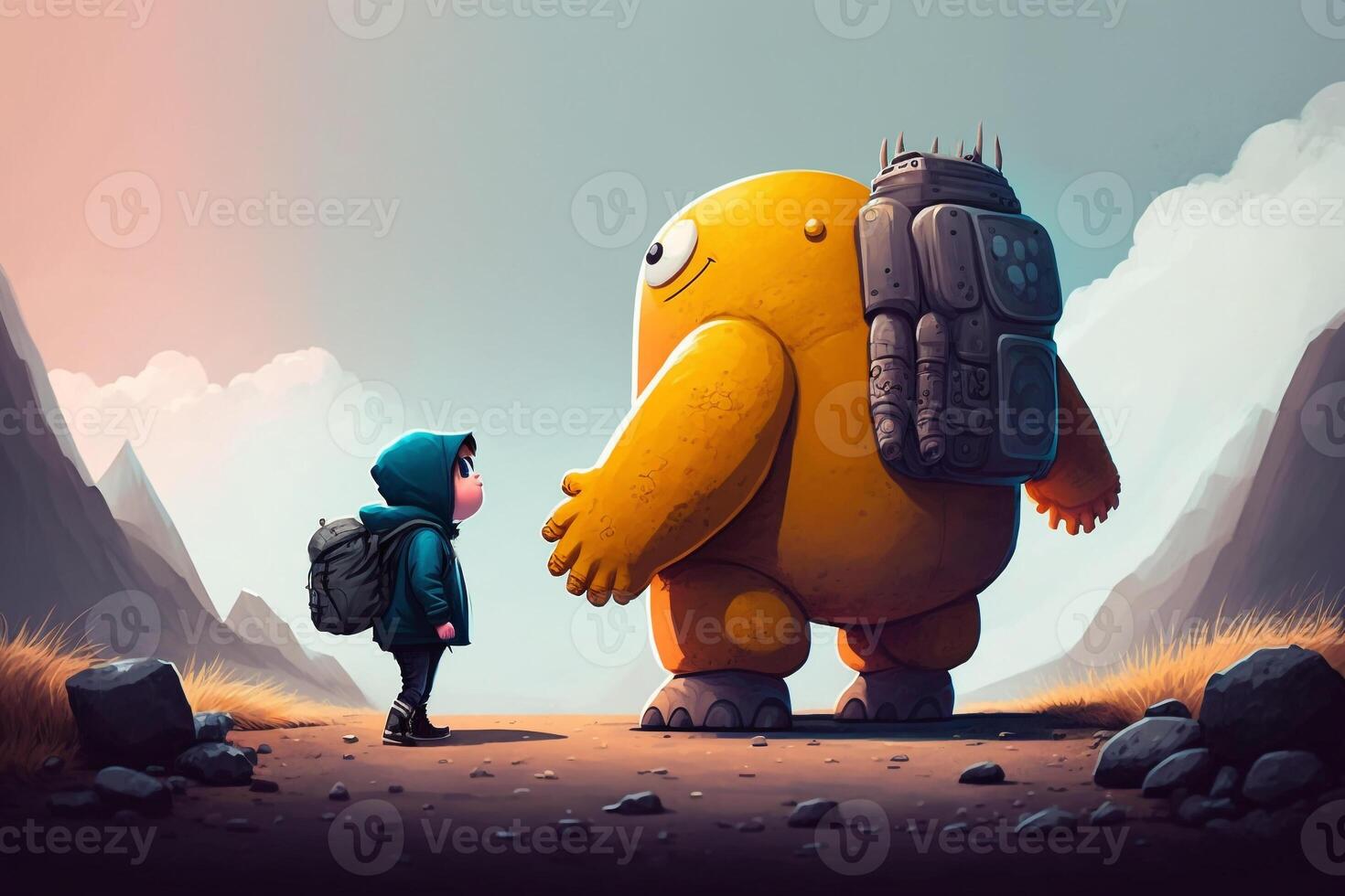 illustration of a person meeting their favorite cartoon character and going on an epic adventure with them. photo