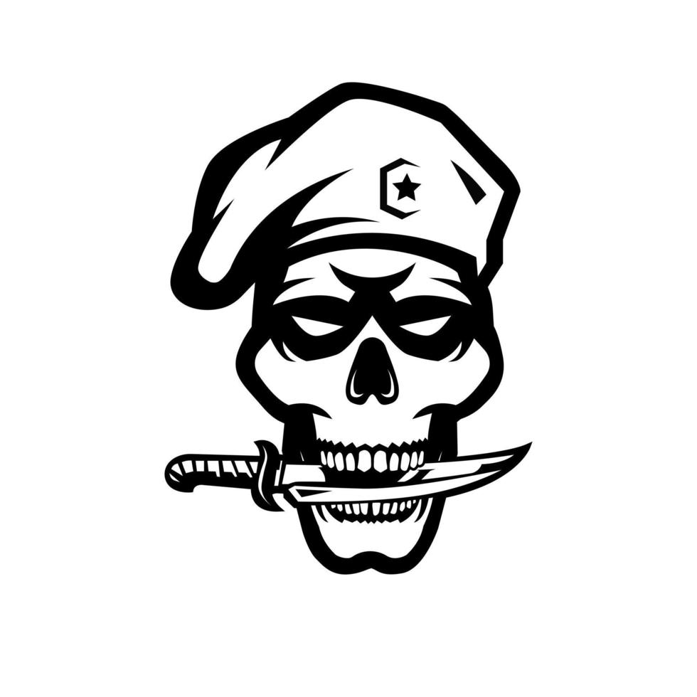 Skull army with red beret biting knife vector