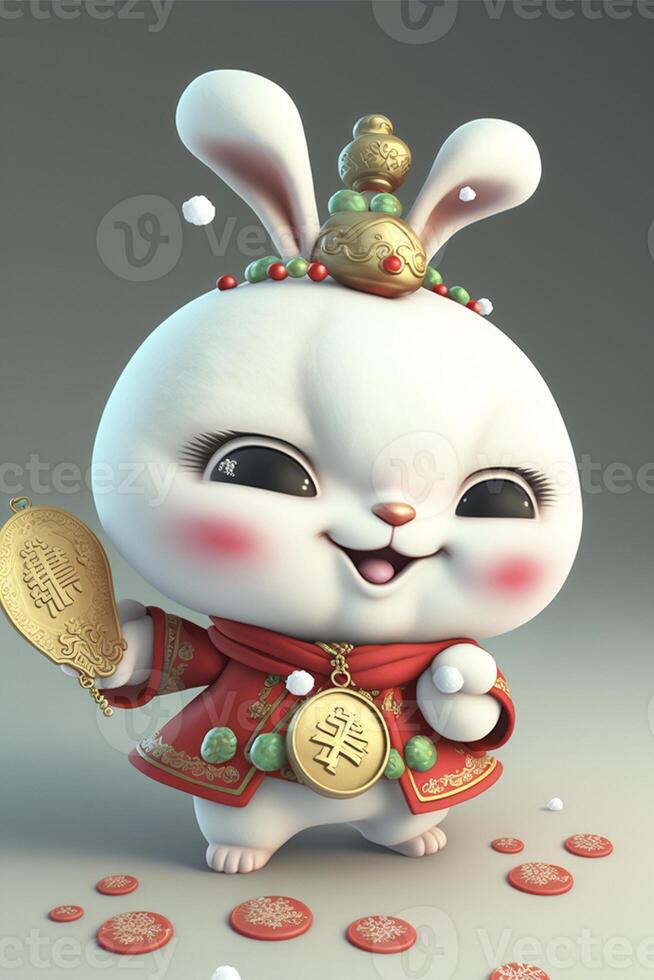 white rabbit wearing a red coat and holding a gold coin. . photo