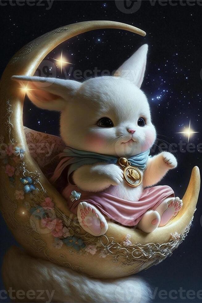 white rabbit sitting on top of a crescent. . photo