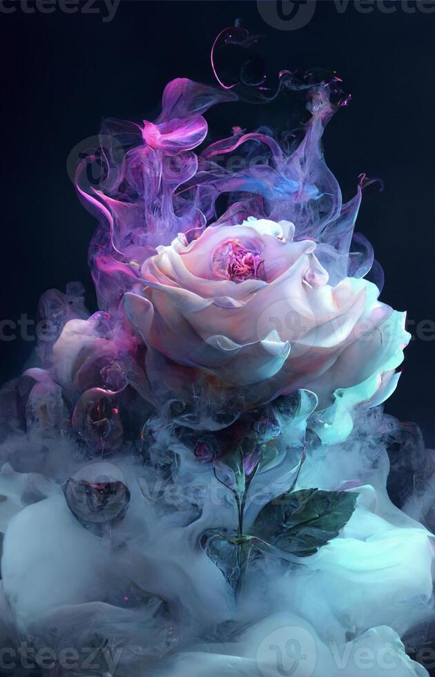 blanco Rosa rodeado por fumar y burbujas generativo ai. foto