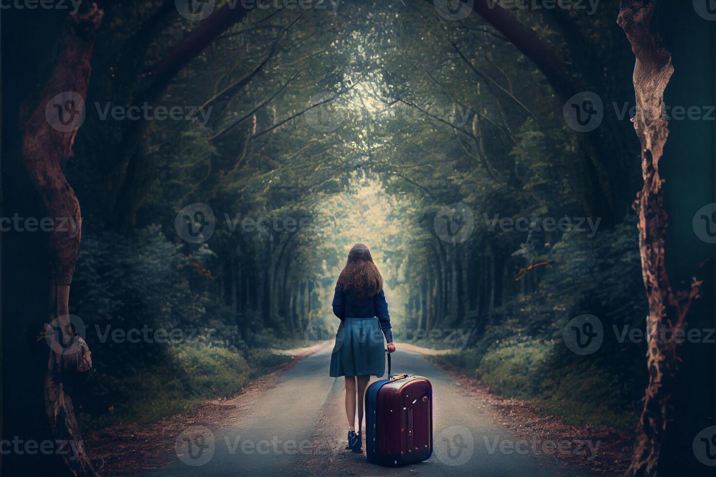 woman walking down a road with a suitcase. . photo