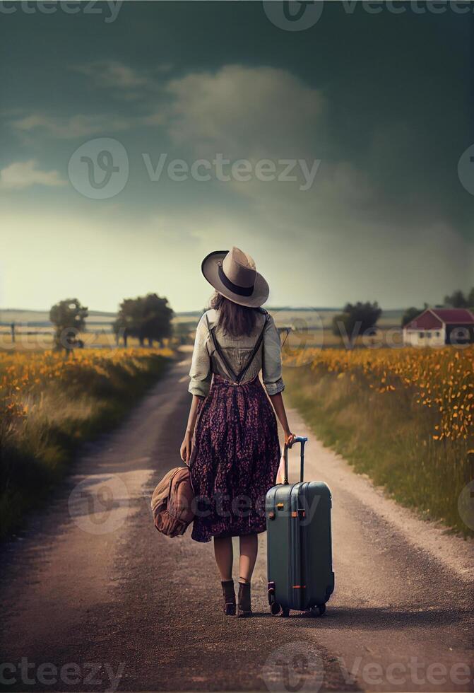 woman walking down a dirt road with a suitcase. . photo