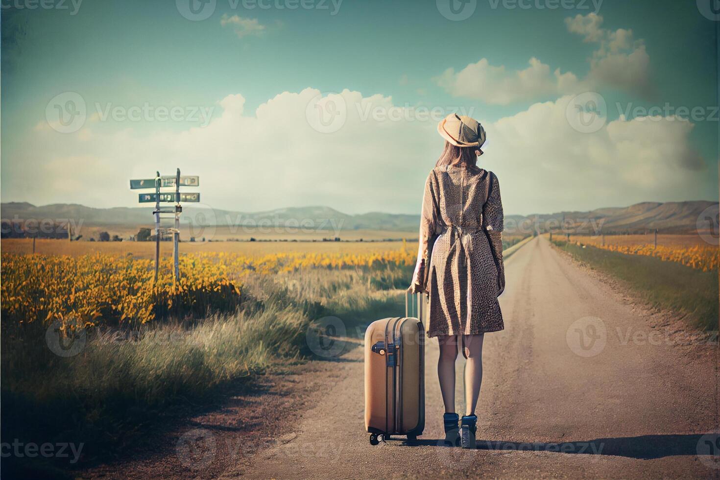 woman walking down a dirt road with a suitcase. . photo