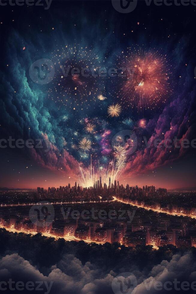 fireworks in the sky over a city at night. . photo
