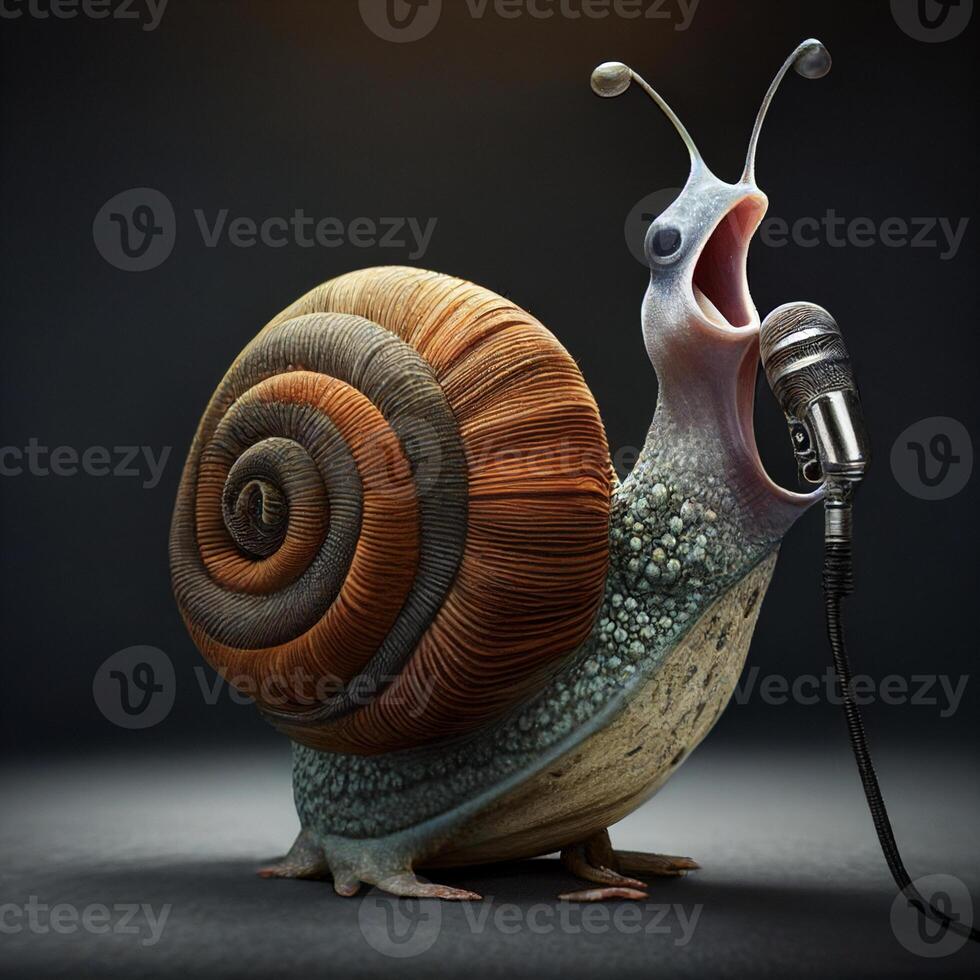 caracol con sus boca abierto siguiente a un micrófono. generativo ai. foto