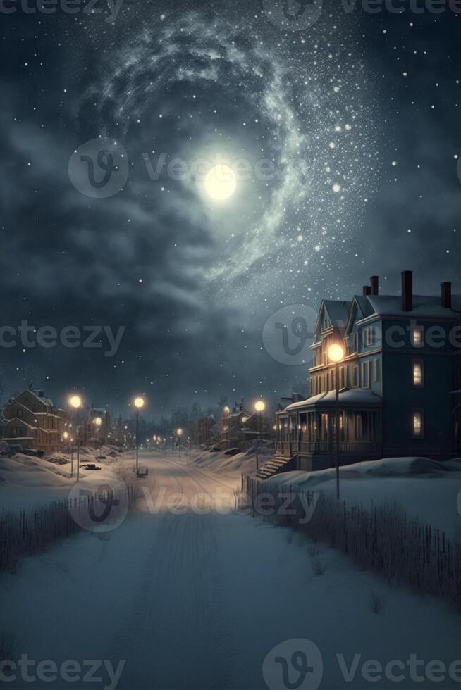 snowy road in front of a house at night. . photo
