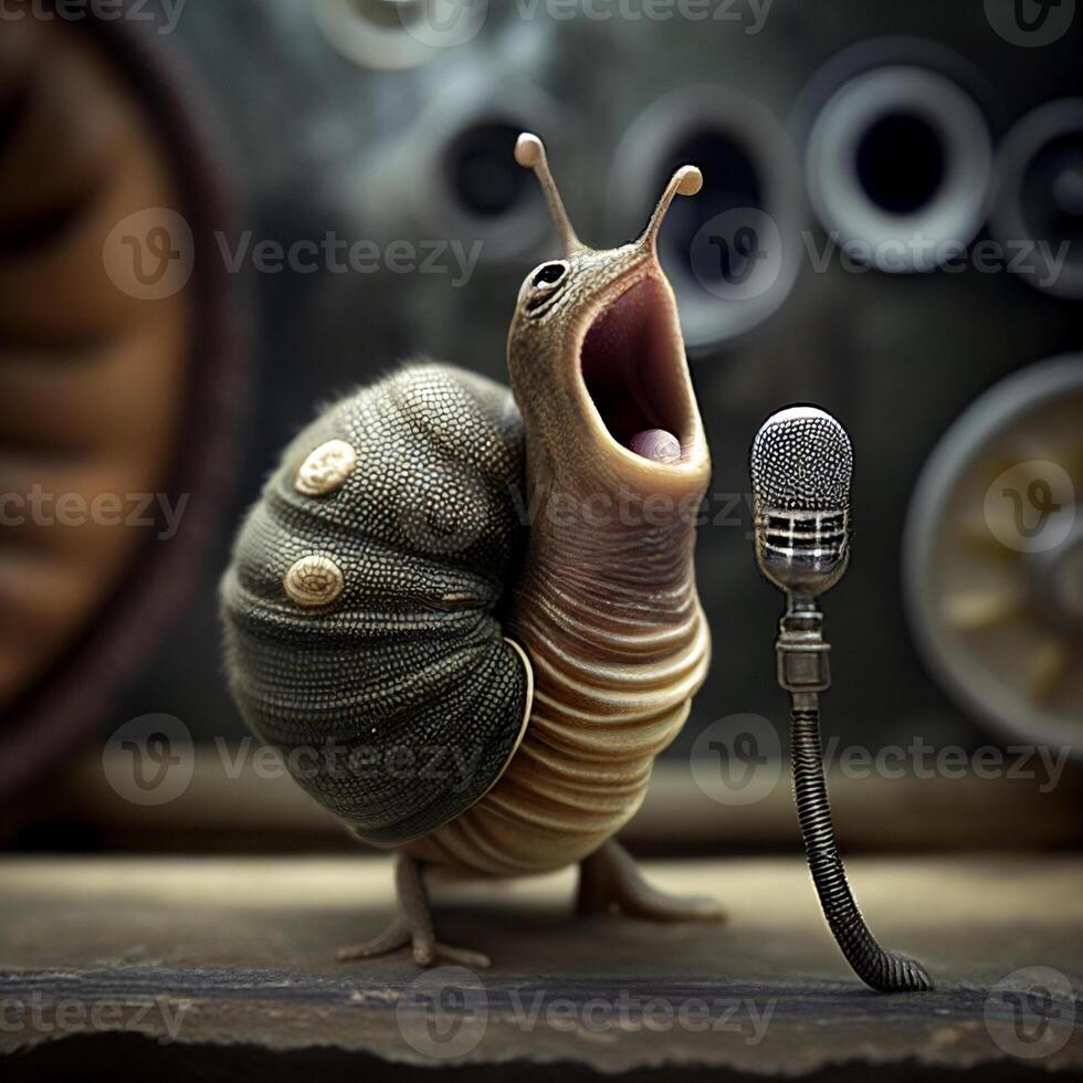 snail sitting on top of a table next to a microphone. . photo