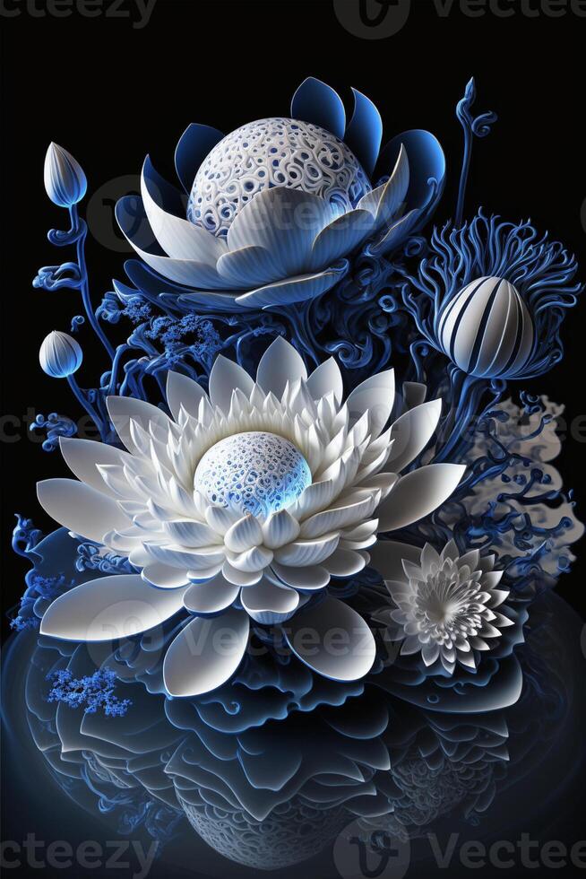 white and blue flower sitting on top of a black surface. . photo