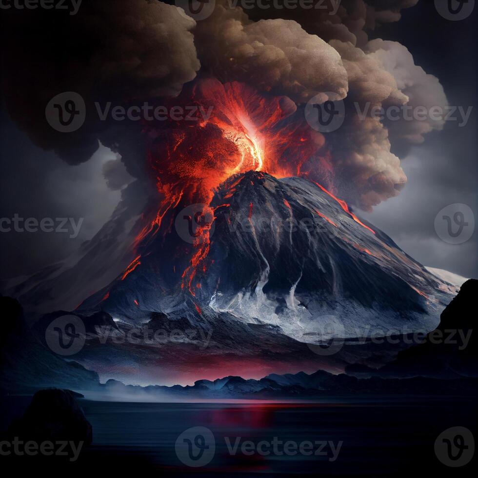 volcán escupiendo lava y lava dentro el aire. generativo ai. foto