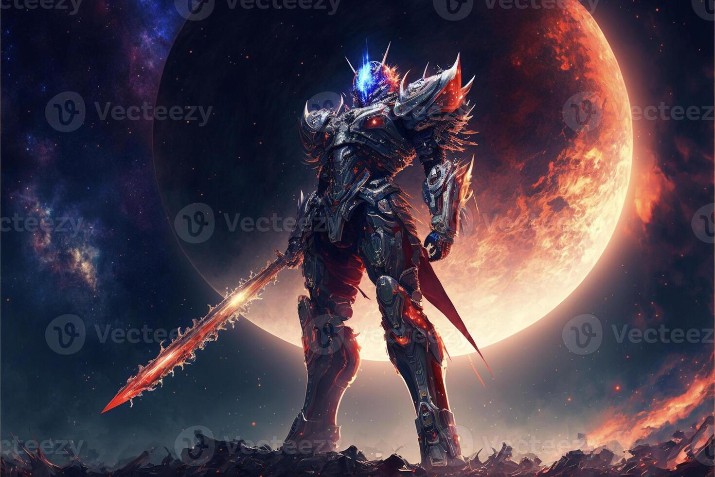 hombre con un espada en pie en frente de un lleno Luna. generativo ai. foto