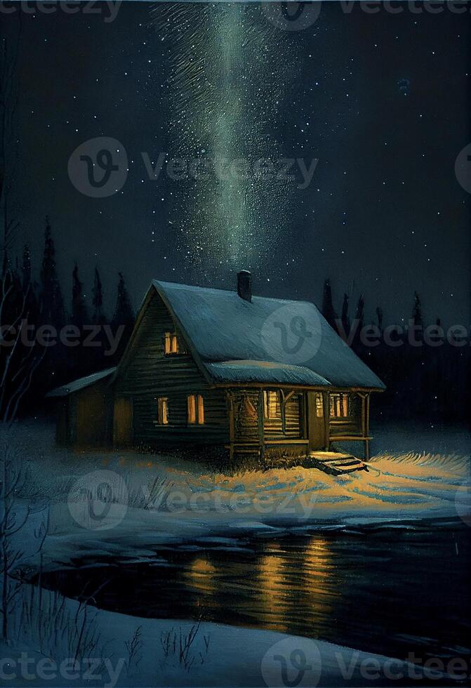 painting of a cabin in the snow at night. . photo