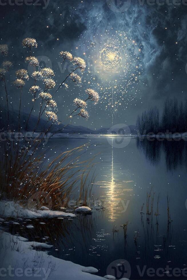 painting of a full moon over a lake. . photo