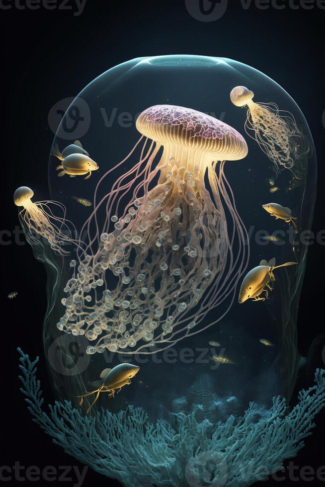 group of jellyfish swimming in an aquarium. . photo