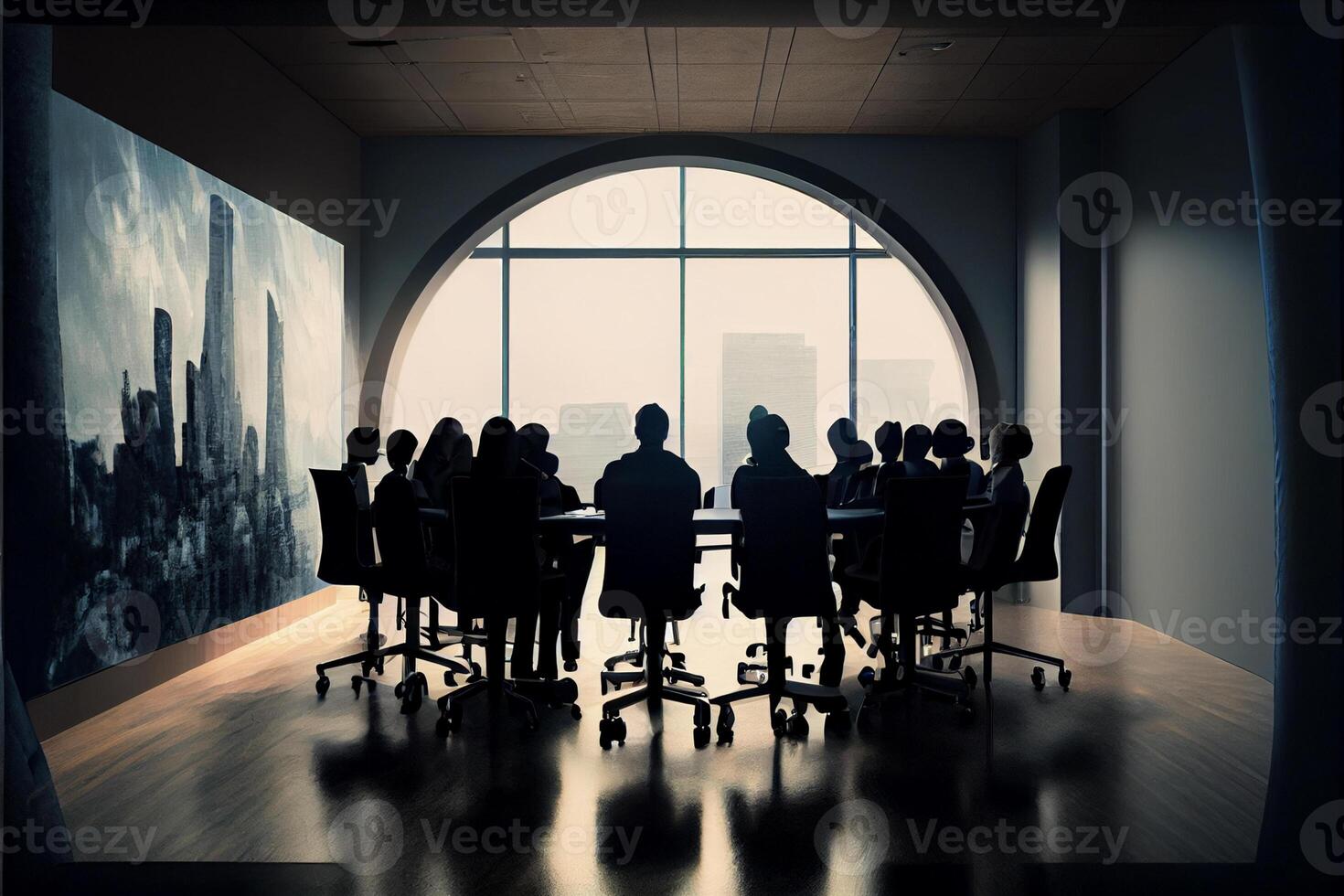 grupo de personas sentado alrededor un mesa en frente de un ventana. generativo ai. foto