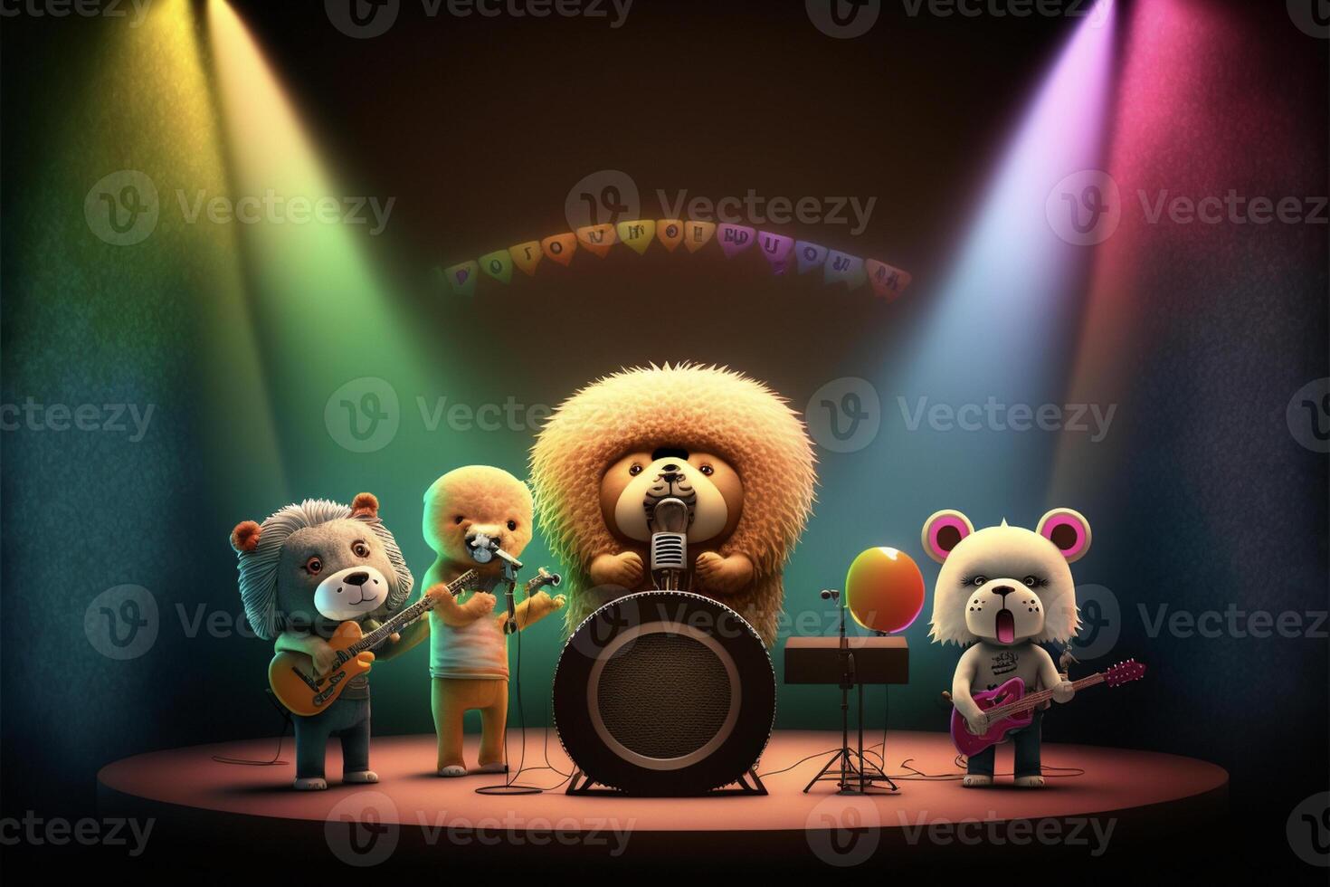 group of teddy bears standing on top of a stage. . photo