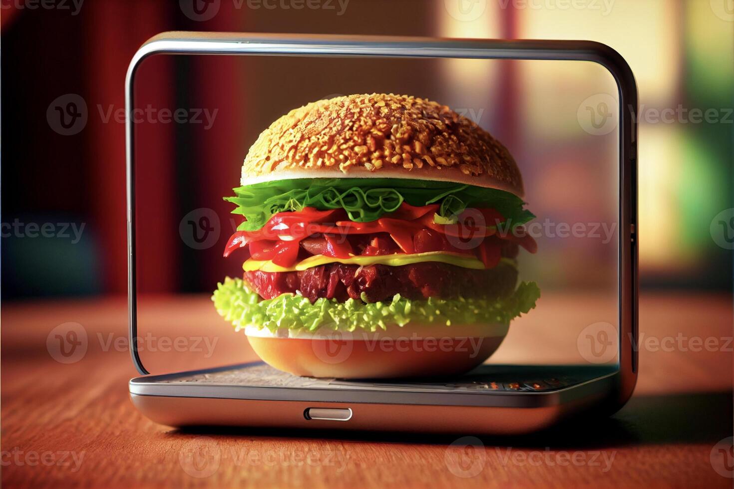hamburger sitting on top of a laptop computer. . photo