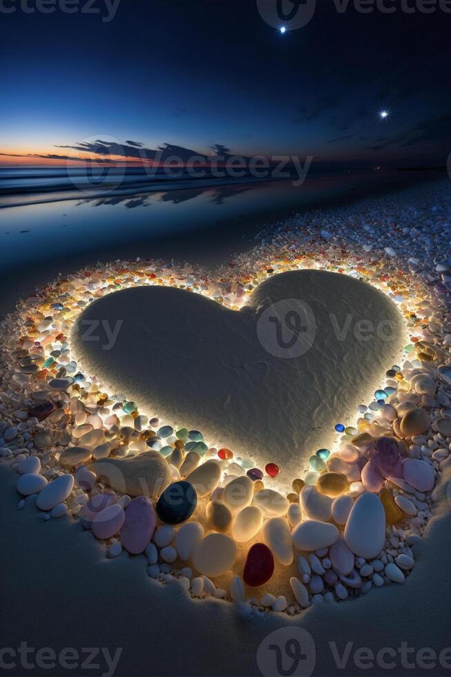 corazón hecho fuera de piedras en un playa. generativo ai. foto