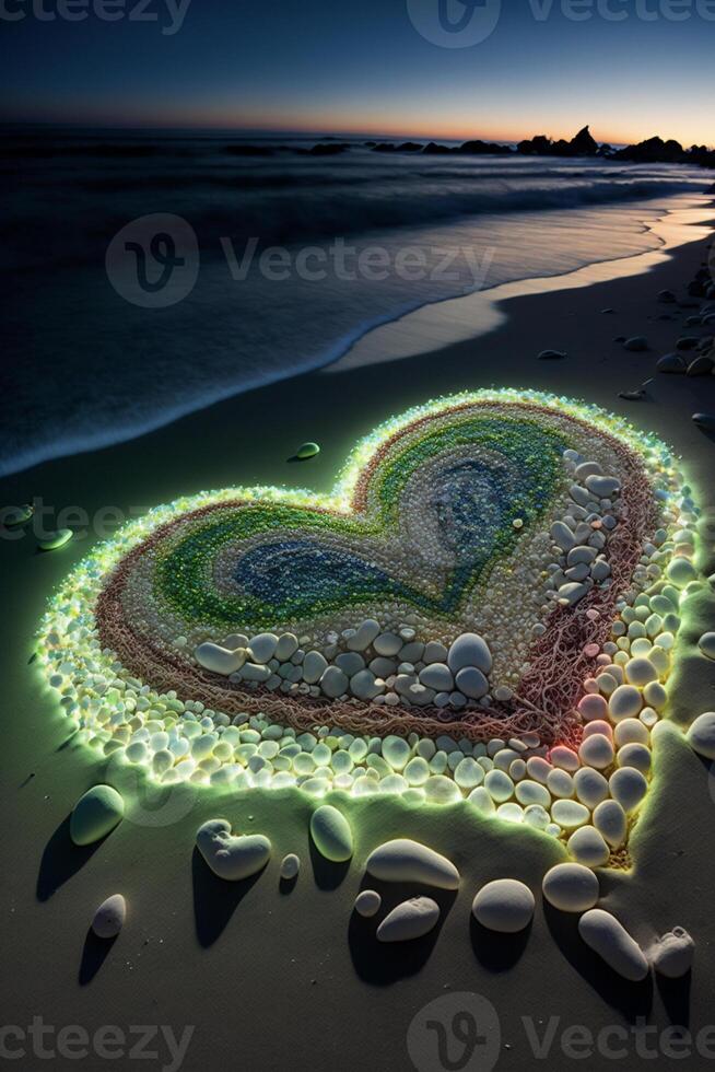 heart made out of stones on a beach. . photo