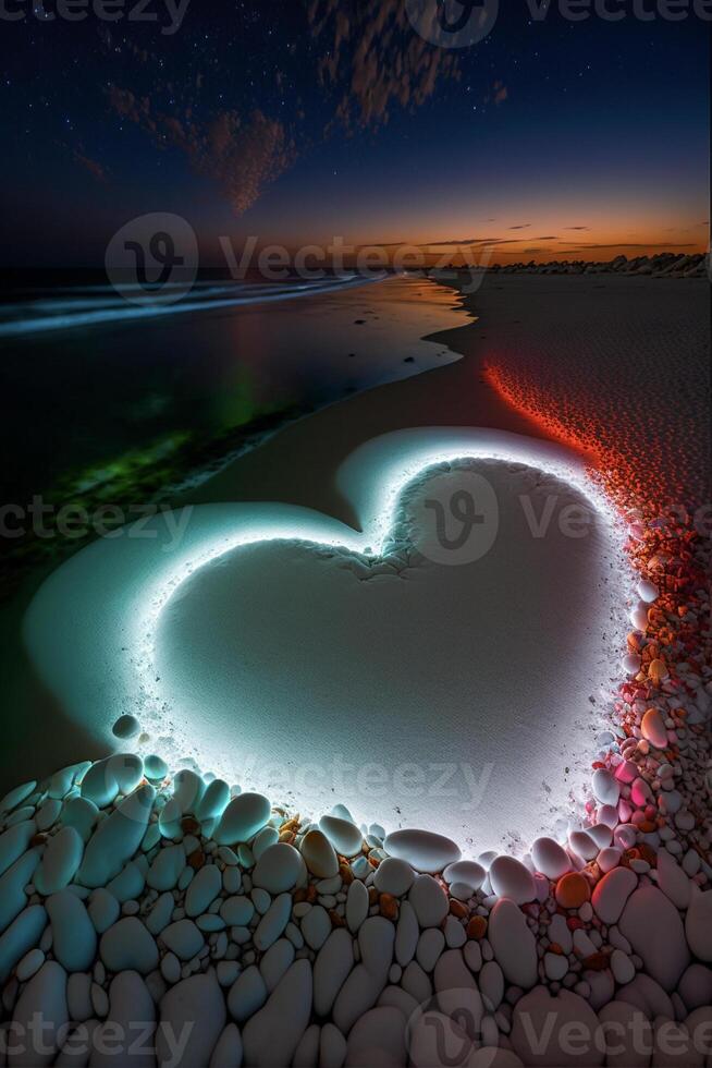 heart shaped rock on a beach at night. . photo