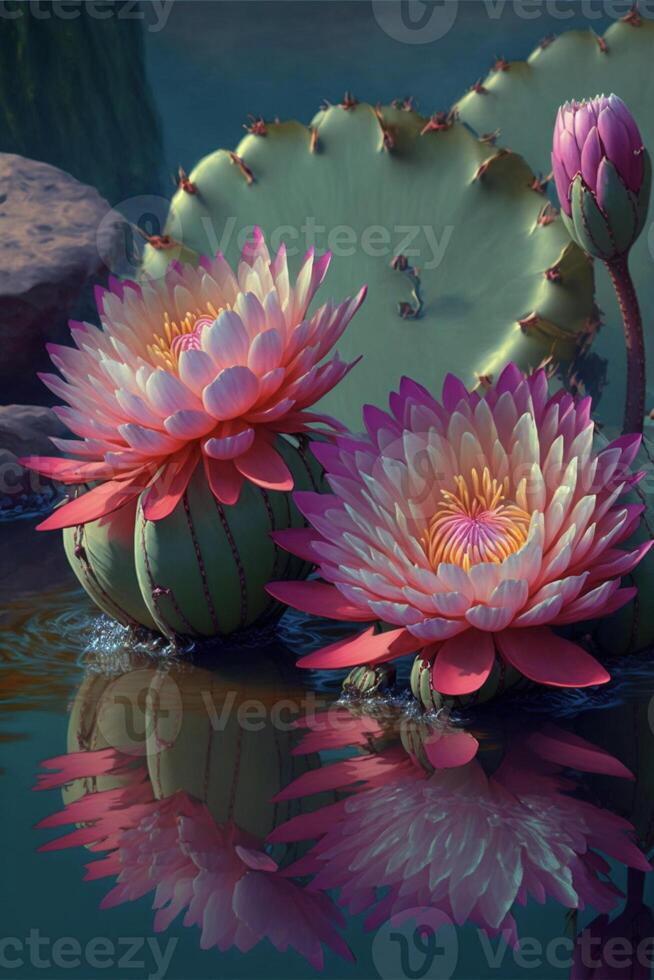 couple of pink flowers sitting on top of a body of water. . photo