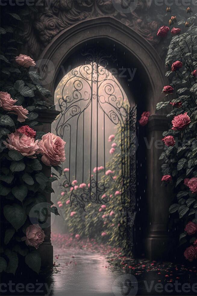 gate is surrounded by pink flowers on a rainy day. . photo
